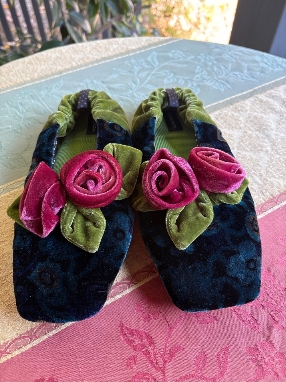 Goody Green Velvet Peacock 🦚 Rose Floral Slippers